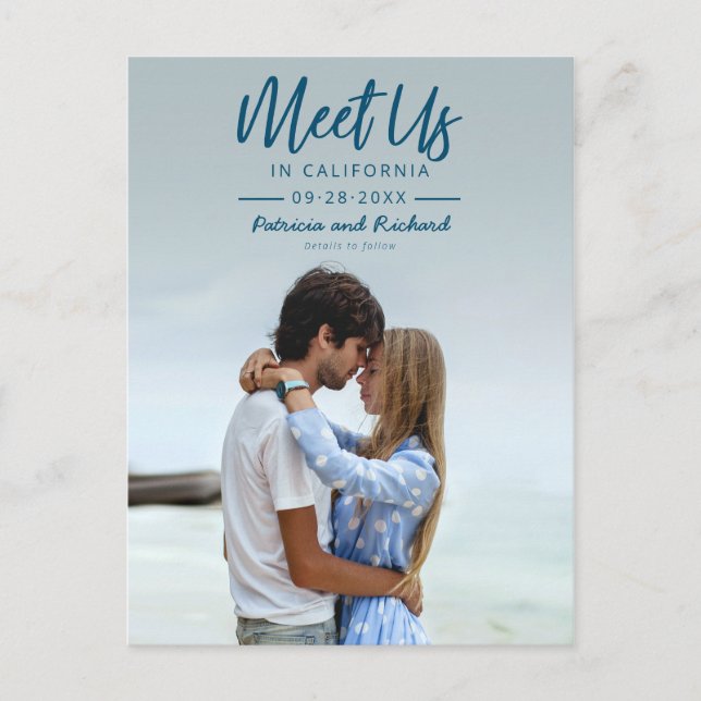 Simple Script Meet Us In Save The Date Photo Postcard (Front)