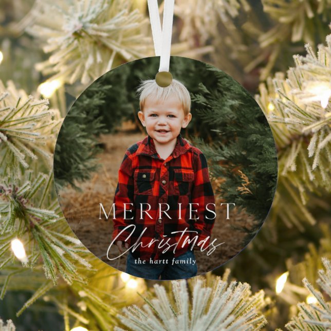 Simple Script Merriest Christmas Photo Holiday Metal Tree Decoration (Insitu)