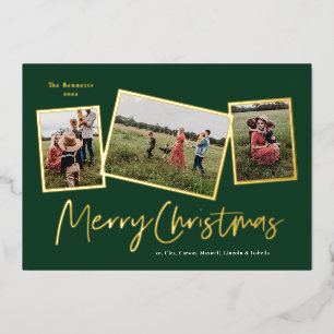 Simple Script Merry Christmas 3 Photo Collage Gold Foil Holiday Card
