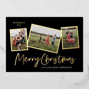 Simple Script Merry Christmas 3 Photo Collage Gold Foil Holiday Card