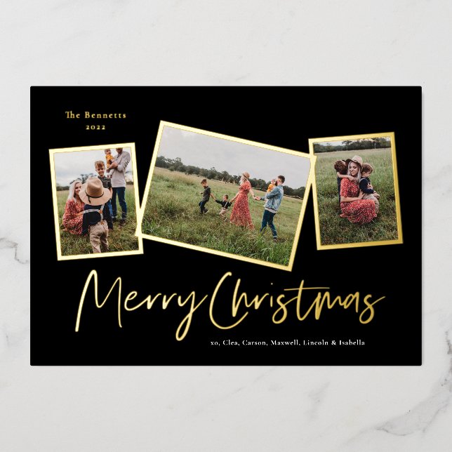 Simple Script Merry Christmas 3 Photo Collage Gold Foil Holiday Card (Front)