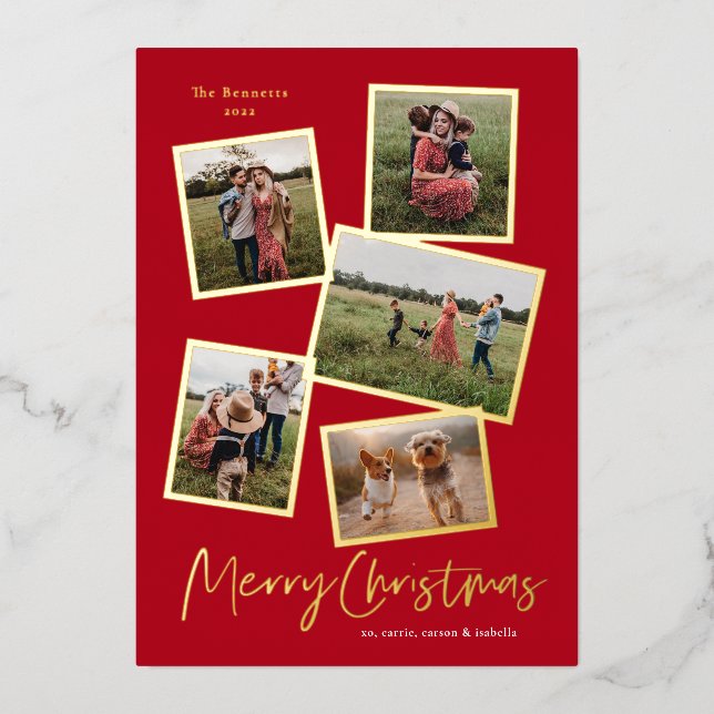 Simple Script Merry Christmas Photo Collage Gold  Foil Holiday Card (Front)