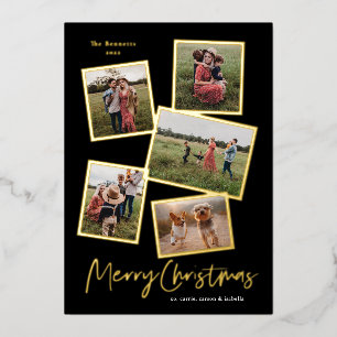 Simple Script Merry Christmas Photo Collage Gold Foil Holiday Card