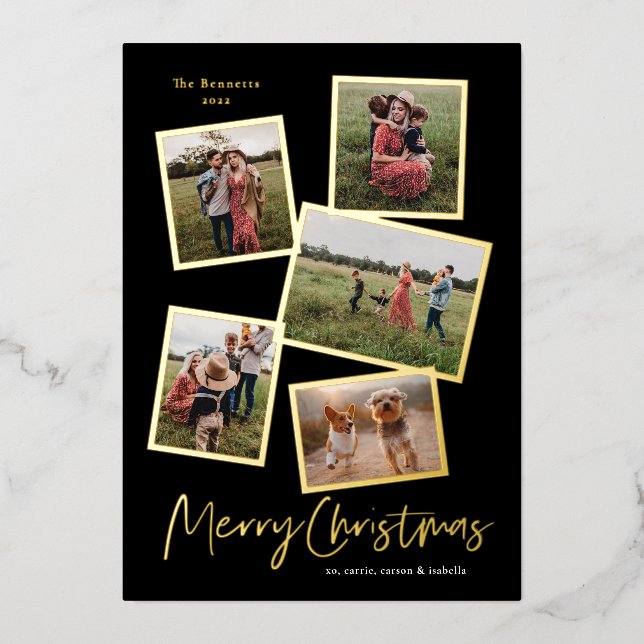 Simple Script Merry Christmas Photo Collage Gold Foil Holiday Card (Front)