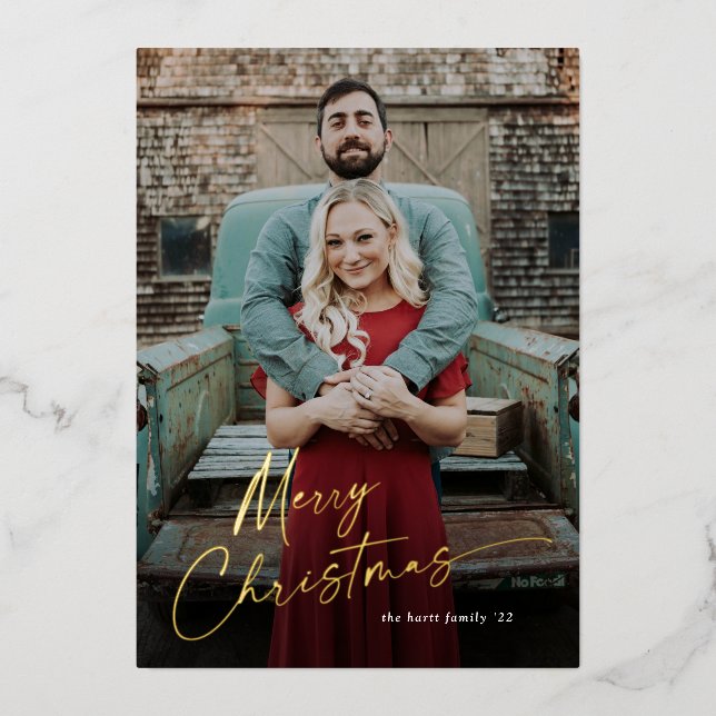 Simple Script Merry Christmas Photo  Foil Holiday Card (Front)