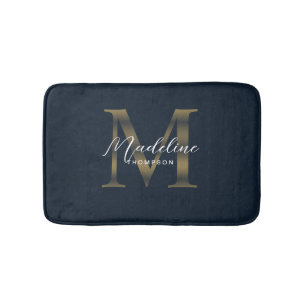 Simple Script Metallic Navy Blue Gold Monogram Bath Mat