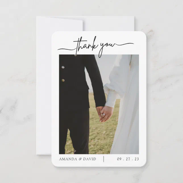 Simple Script Minimalist Wedding Photo Thank You Card | Zazzle