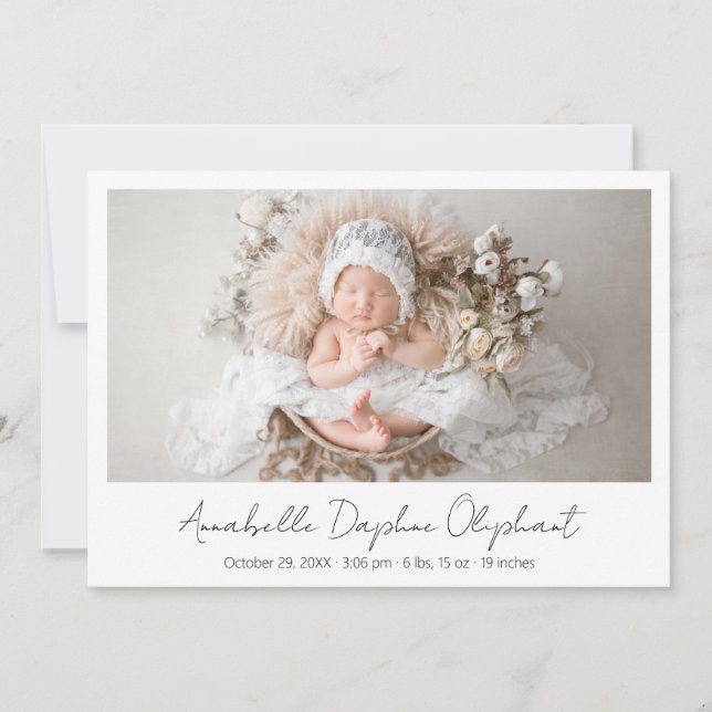 Simple Script Modern Newborn Photo Elegant Birth Announcement (Front)
