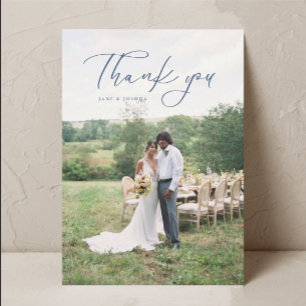 Simple Script Modern Wedding Photo Blue Thank You Card