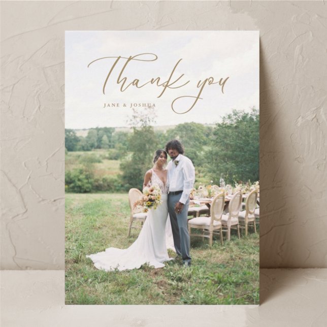 Simple Script Modern Wedding Photo Gold Thank You Card (Creator Uploaded)