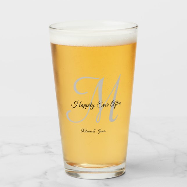 Simple Script Monogram Happily Ever After Wedding Glass (Front Filled)