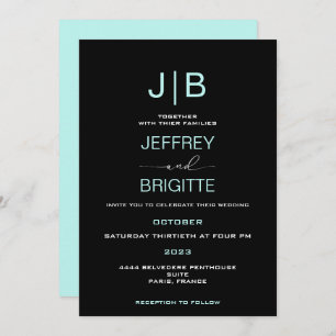 Simple script monogram, teal, and white wedding  invitation