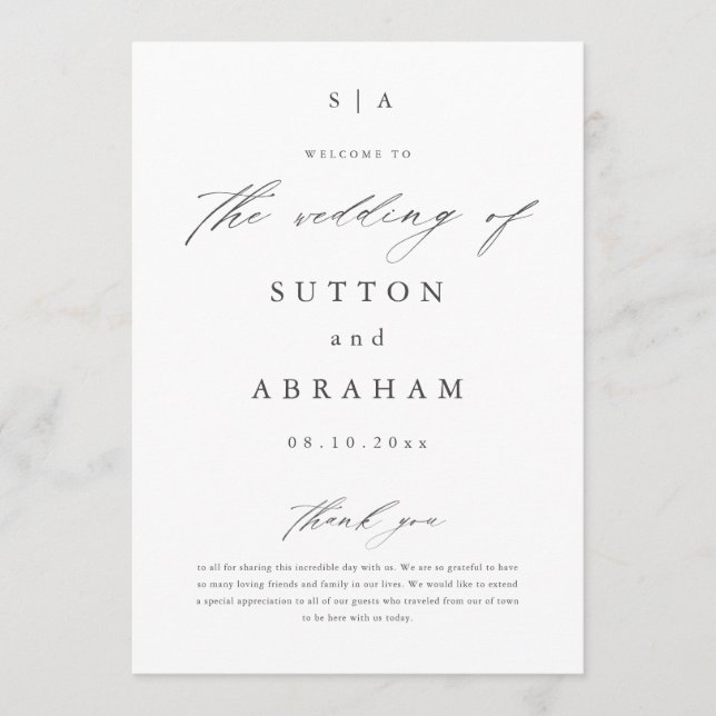 Simple Script Monogram Wedding Programme (Front)