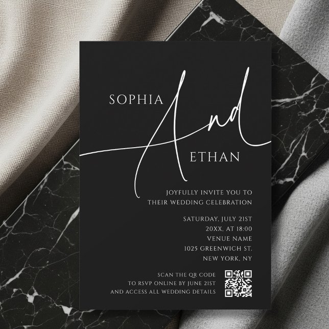 Simple Script Moody QR Code Black Wedding Invitation (Creator Uploaded)