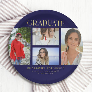 Simple Script Multi Photo Grad Graduation Party Paper Plate