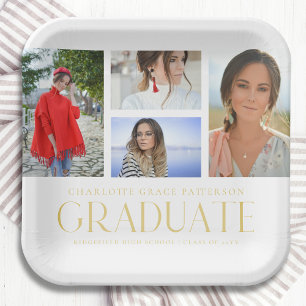 Simple Script Multi Photo Grad Graduation Party Paper Plate