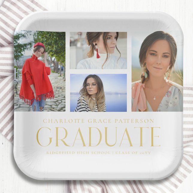 Simple Script Multi Photo Grad Graduation Party Paper Plate (Creator Uploaded)