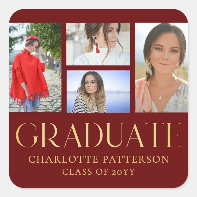 Simple Script Multi Photo Graduation Announcement Square Sticker (Front)