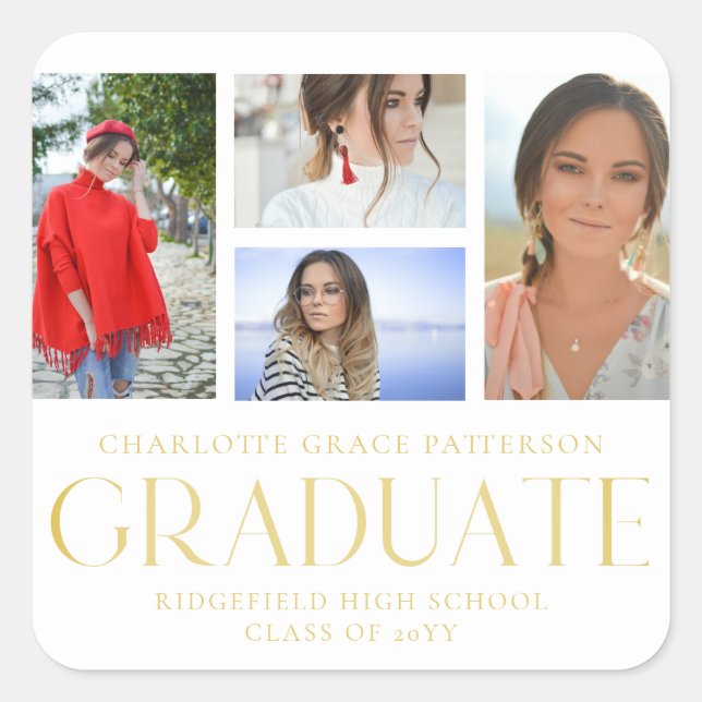 Simple Script Multi Photo Graduation Announcement Square Sticker (Front)