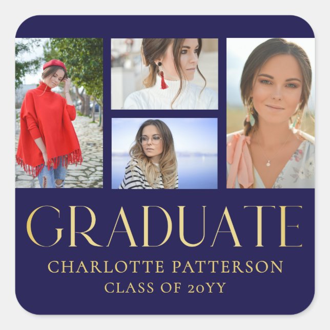 Simple Script Multi Photo Graduation Announcement Square Sticker (Front)