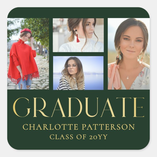 Simple Script Multi Photo Graduation Announcement Square Sticker (Front)