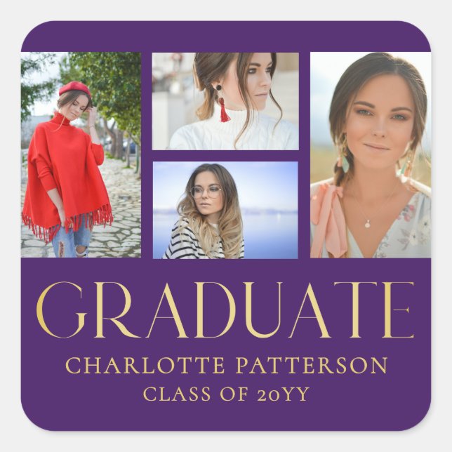 Simple Script Multi Photo Graduation Announcement Square Sticker (Front)