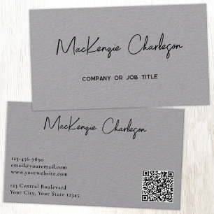 Simple Script Name and Text QR Code Grey Business Card