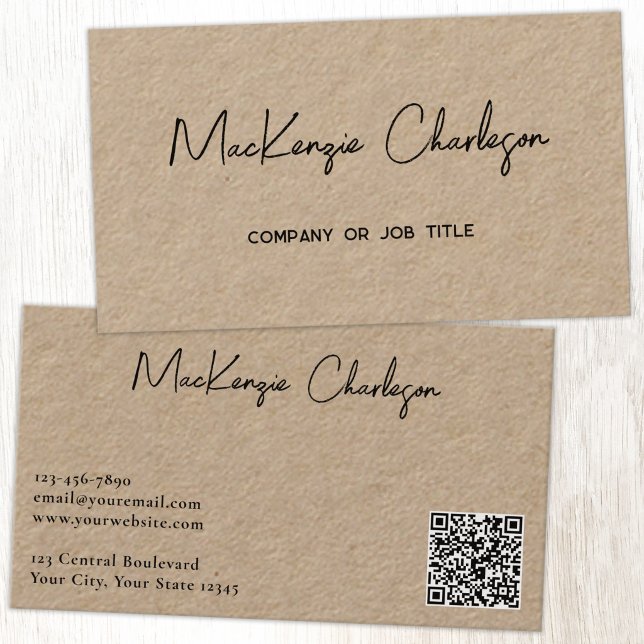 Simple Script Name and Text QR Code Kraft Business Card (Simple modern script minimalist business card with QR code)