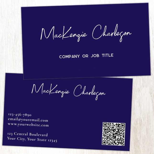 Simple Script Name and Text QR Code Navy Blue Business Card (Simple modern script minimalist business card with QR code navy blue)