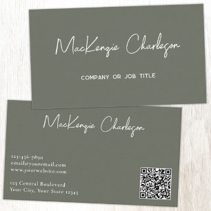 Simple Script Name and Text QR Code Sage Green Business Card