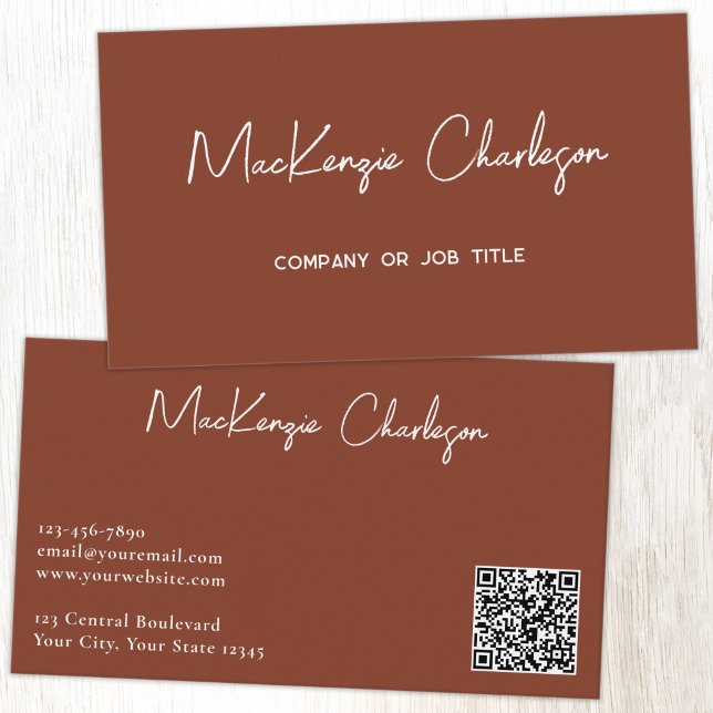Simple Script Name and Text QR Code Terracotta Business Card (Simple script name QR code business card in terracotta brown)