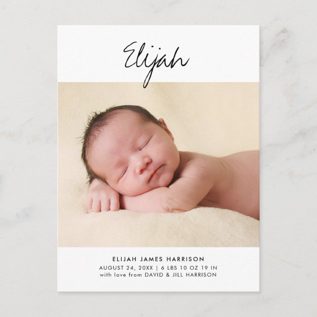Simple Script Name Birth Announcement Postcard (Front)