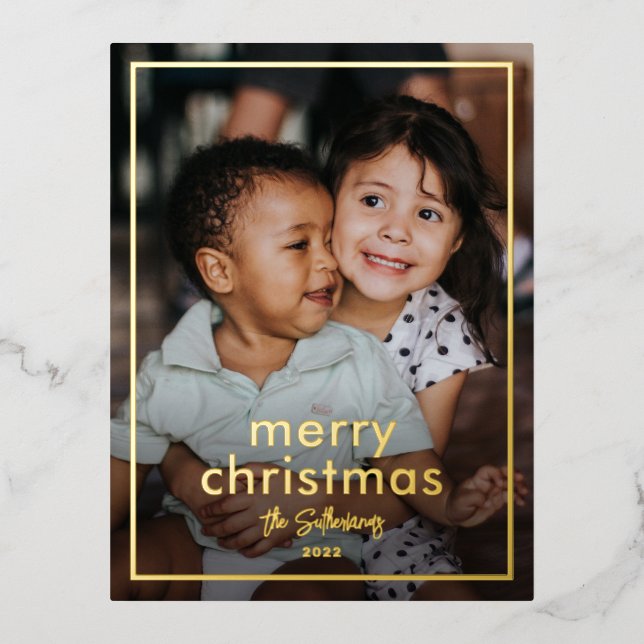 Simple Script Name Minimal Photo Christmas Gold Foil Holiday Postcard (Front)