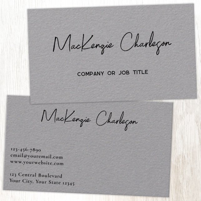 Simple Script Name Modern Professional Grey Business Card (Simple modern minimalist script professional business card design gray)