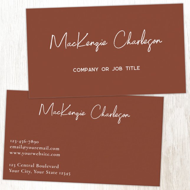 Simple Script Name Modern Terracotta Business Card (Simple modern minimalist script professional business card design terracotta brown)