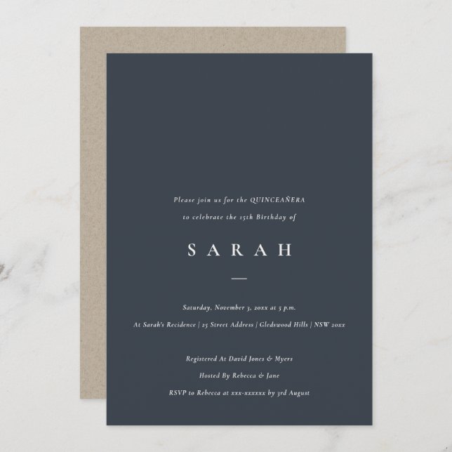 Simple Script Navy Black Quinceañera  Invite (Front/Back)