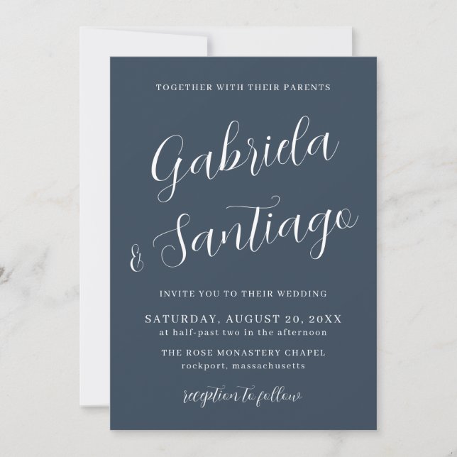 Simple Script Navy Blue and White Wedding Invitation (Front)