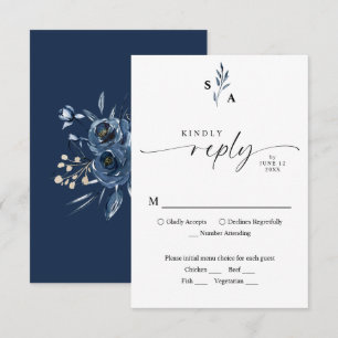 Simple Script Navy Blue Botanical Monogram Wedding RSVP Card