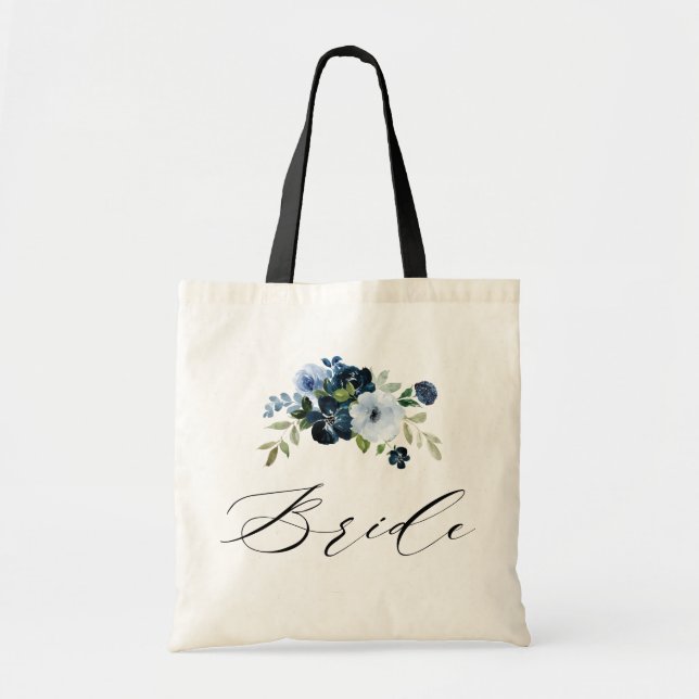 simple script navy blue floral bride tote bag (Front)