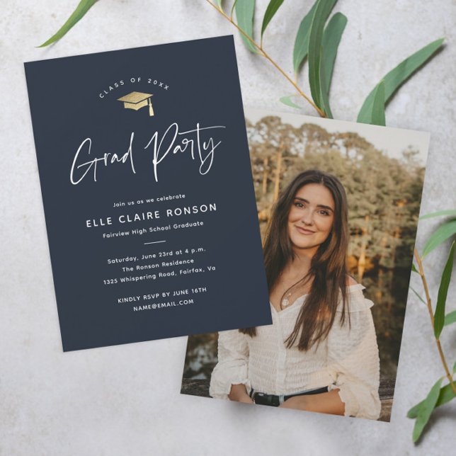 Simple Script Navy Blue Photo Graduation Party Invitation (Modern script navy blue and gold photo graduation party invitation.)