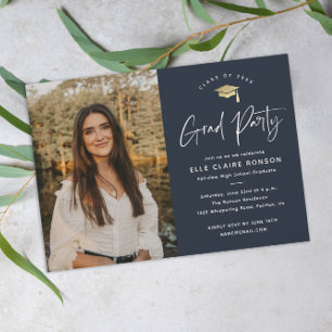Simple Script Navy Blue Photo Graduation Party Invitation