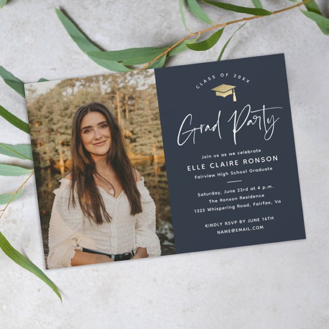 Simple Script Navy Blue Photo Graduation Party Invitation (Modern script navy blue and gold photo graduation party invitation.)