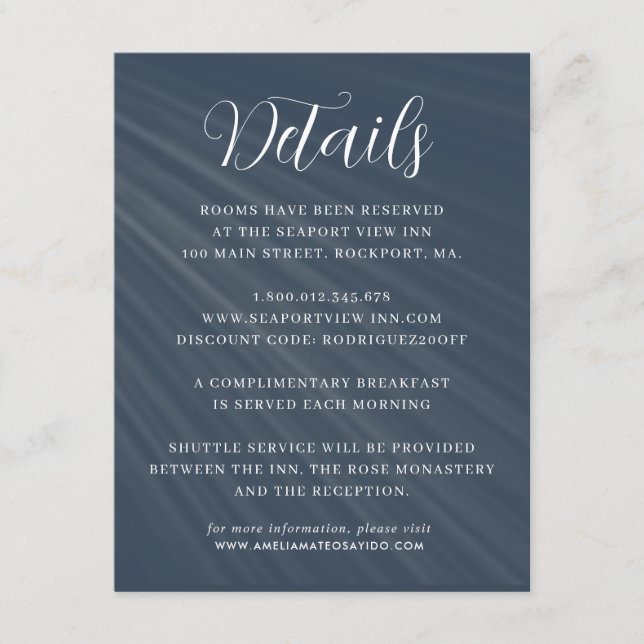Simple Script Navy Blue Wedding Details Enclosure Card (Front)