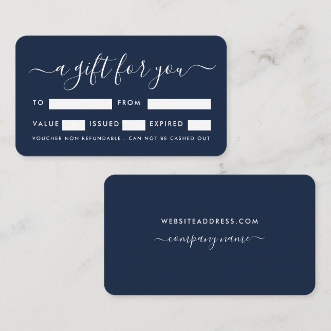 Simple Script, Navy Blue & White Gift Certificates (Front/Back)