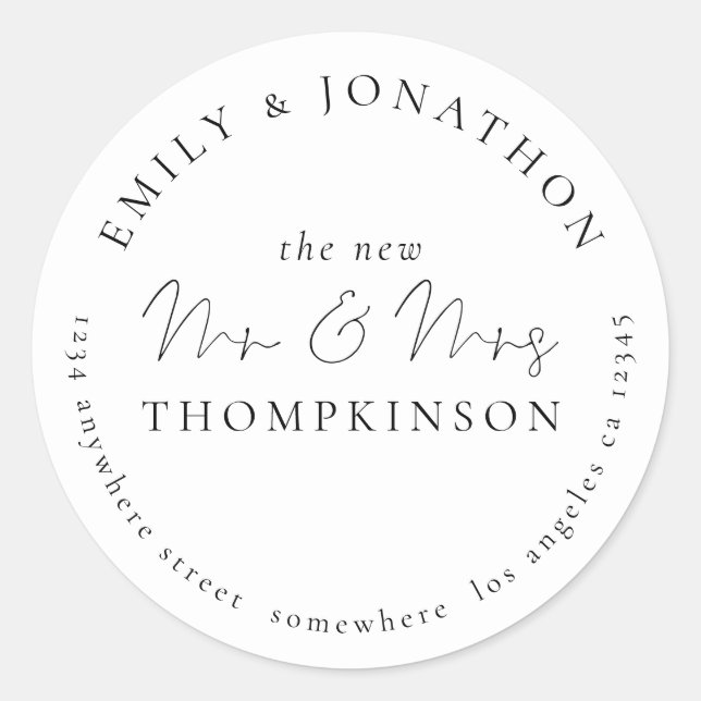 Simple Script Newlyweds Return Name Address Classic Round Sticker (Front)