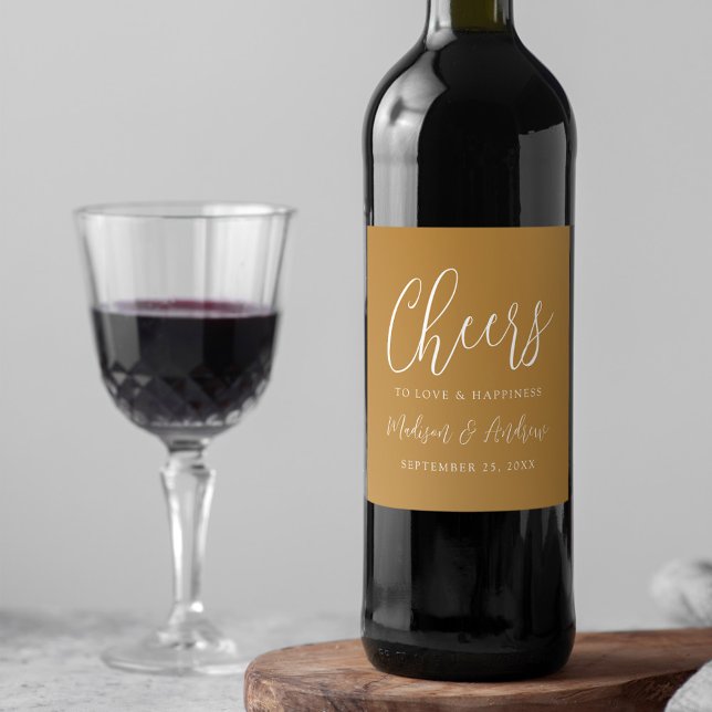 Simple Script Ochre Cheers to Love Wedding Wine Label (Creator Uploaded)