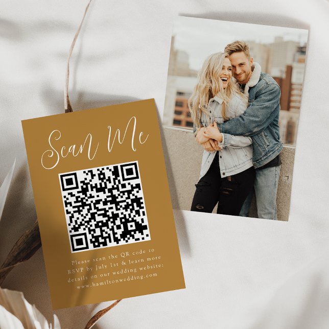 Simple Script Ochre Photo QR Code Wedding RSVP Enclosure Card (Creator Uploaded)