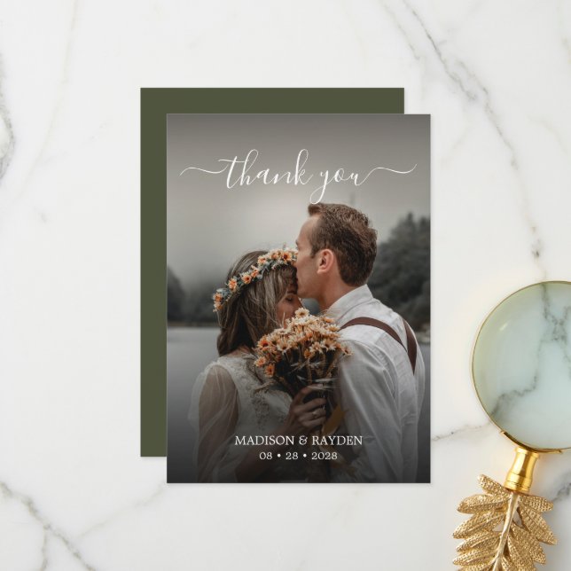 Simple Script Overlay Olive Green Wedding Photo Thank You Card (Front/Back In Situ)