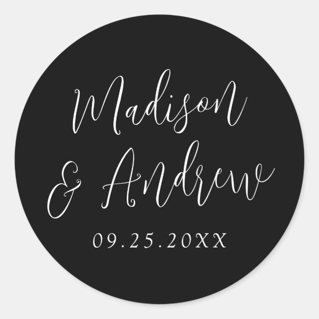Simple Script Personalised Black and White Wedding Classic Round Sticker (Front)
