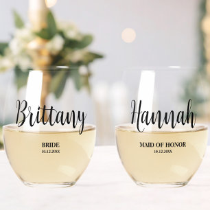 Simple Script Personalised Bridesmaid Bridal Party Stemless Wine Glass